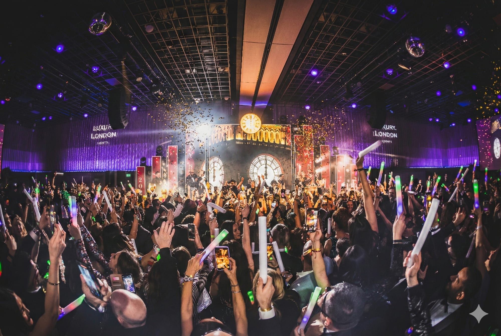A packed dance floor under falling confetti, guests with their hands raised in front of tall LED screens